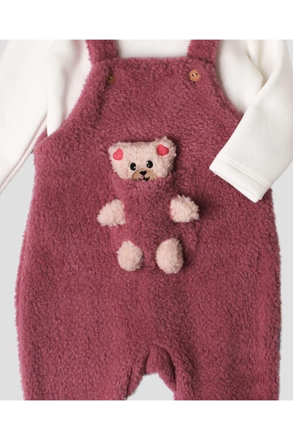 Kışlık tatlı peluş ikili takım kız bebek salopet sweatshirt